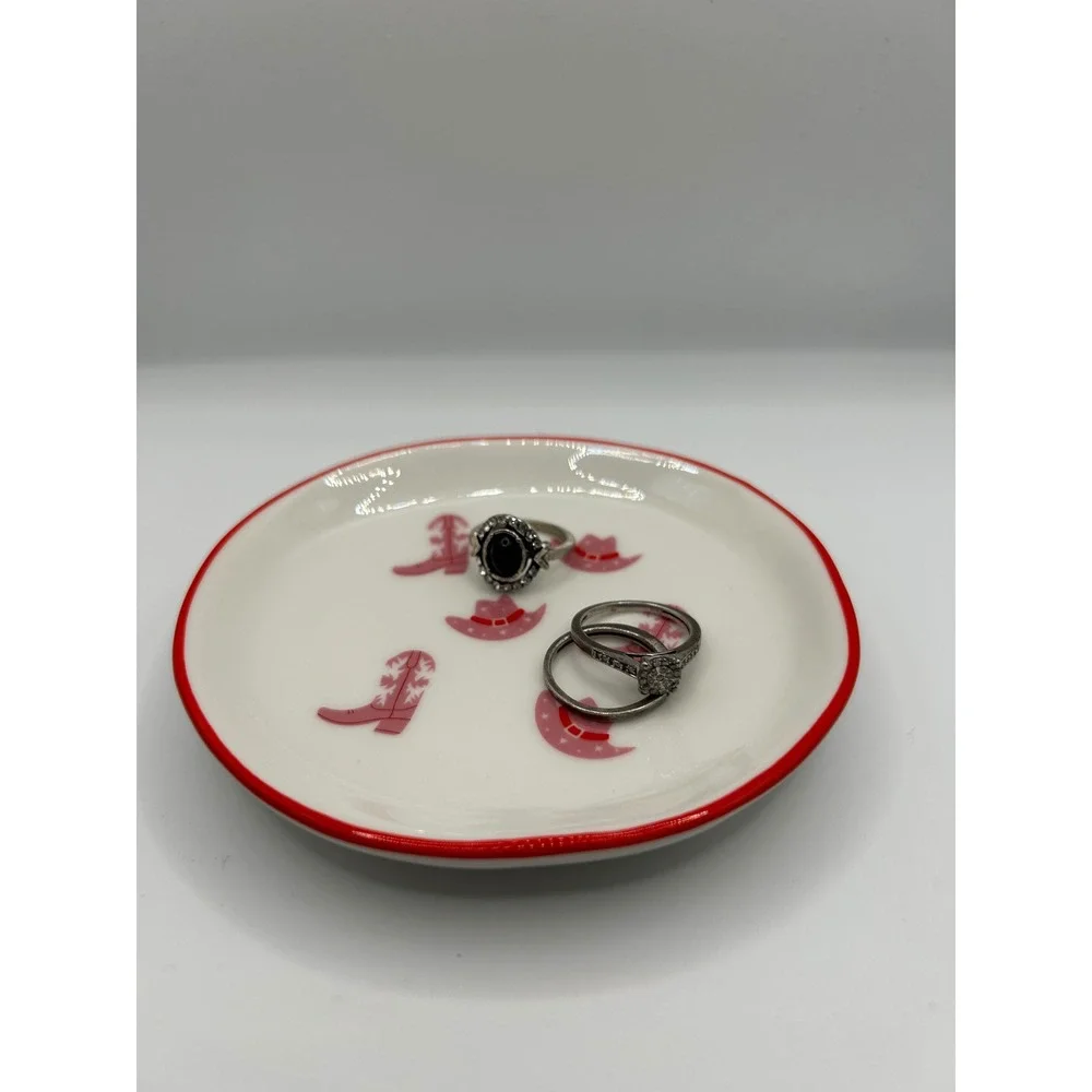 Pink Cowgirl Boot Western Hat Ceramic Trinket Dish Jewelry Tray Red Rim Round
